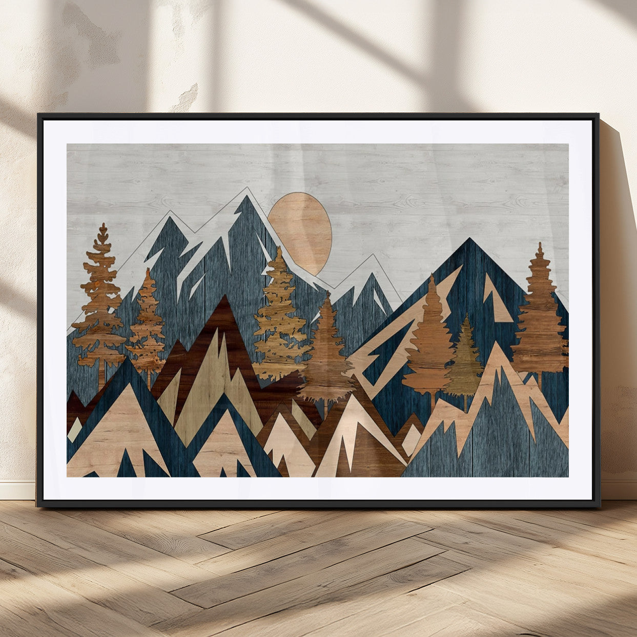 91467-MGV-CV-36X24-Abstract Wood Panel Effect Mountain Range Top Wall Art Canvas Print