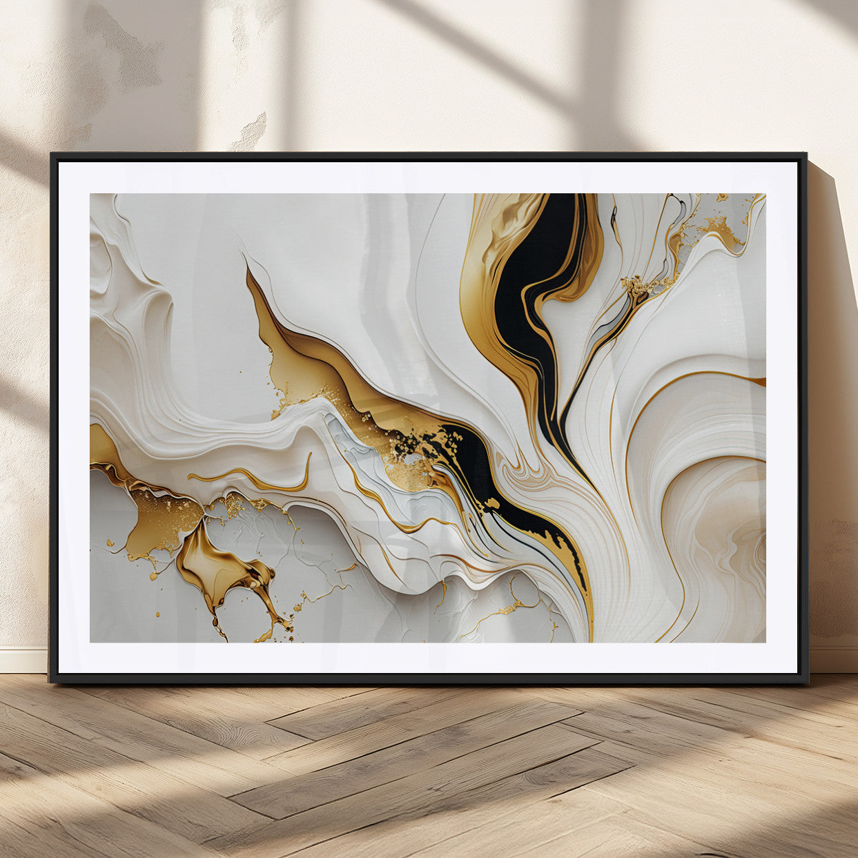 98637-MGC-FP-36x24_Black-Gold Waves on Pure White Canvas – Gold Abstract Art for Modern Interiors | Wall Art Canvas, Framed &