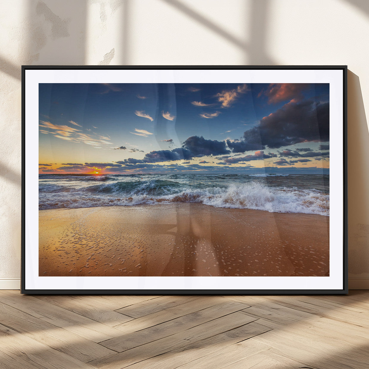 85899-MGC-FP-36x24_Black-Beach Canvas Wall Art - Coastal Seascape Print for Living Room or Bedroom, Ocean Waves on Sand,