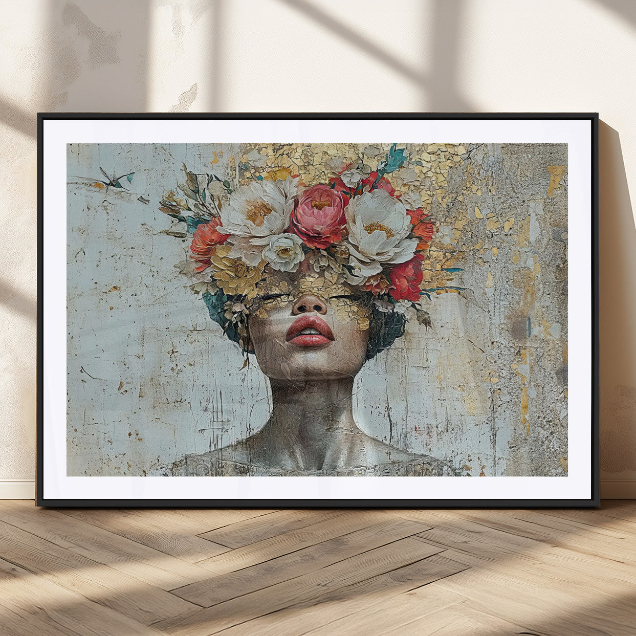 26919-MGC-FP-36x24_Black-Golden Petal Wall Art Canvas Print - Silhouette Woman Wall Art Canvas Print, Floral Woman Portrait