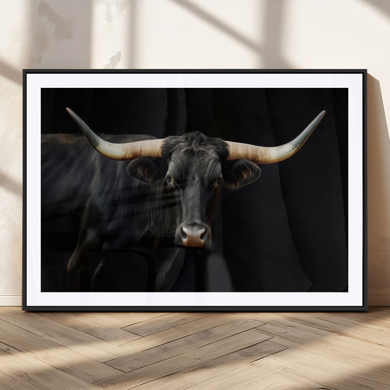 63798-MGC-FP-36x24_Black-Black Bull Wall Art – Majestic Longhorn Canvas Print with Dark Background, Rustic Western Farmhouse Decor for Living Room or Office