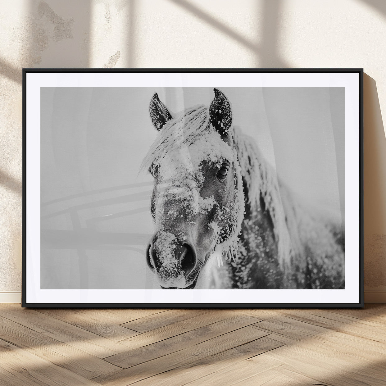 36319-MGC-FP-36x24_Black-White Horse Wall Art | Ready to Hang and Framed | Winter Horse Wall Art Print for Farmhouse and