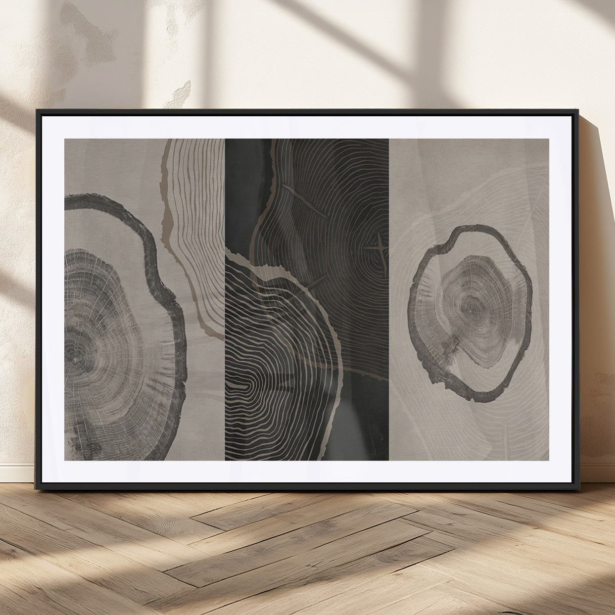 25407-MGC-FP-36x24_Black-Modern Abstract Tree Ring Canvas Art Set | 3 Panel Large Tree Ring Design for Living Room, Office,