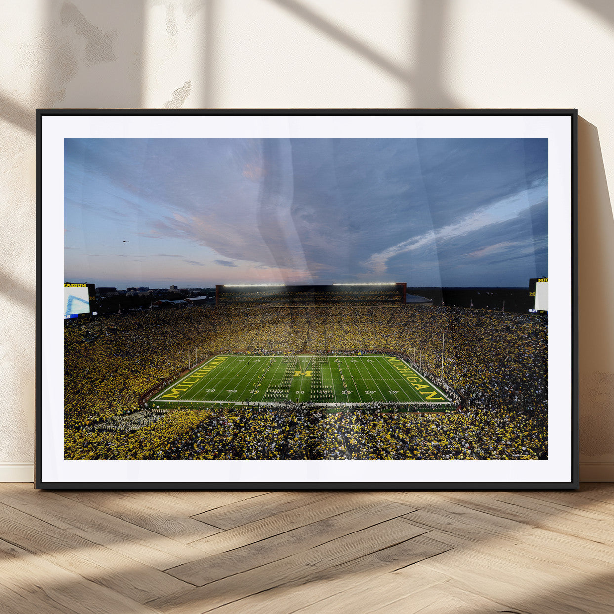 82641-MGC-FP-36x24 - Michigan Stadium Wall Art Canvas Print, Vibrant Game Day Crowd and Sunset Sky Football Field Artwork for Home, Office