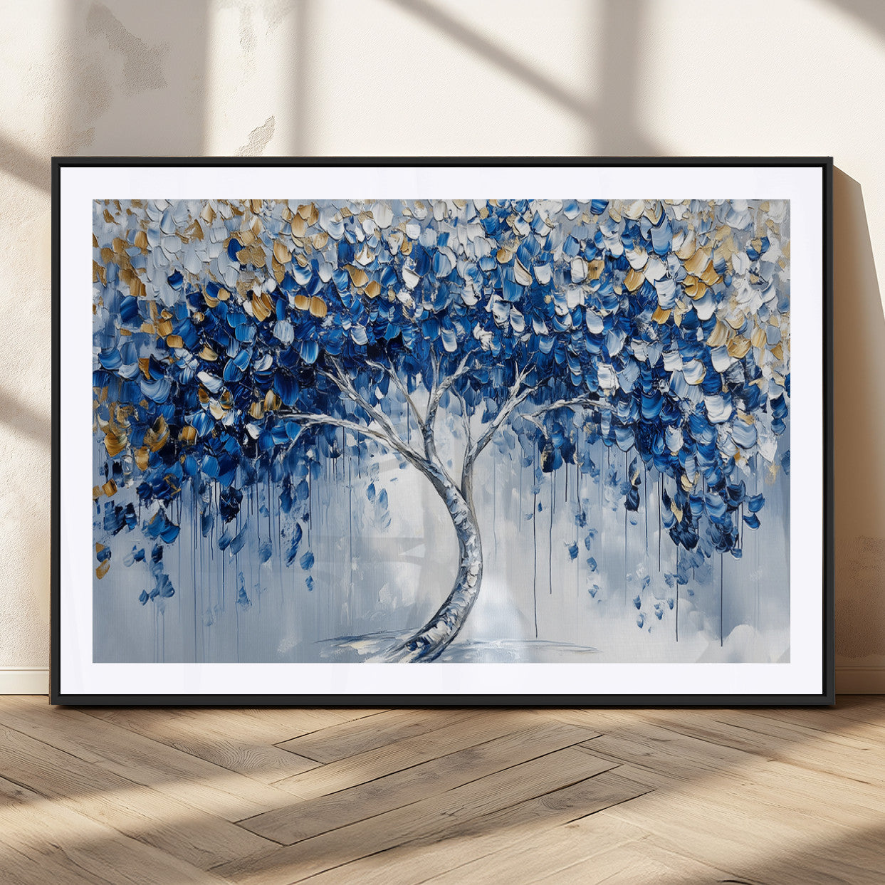 62350-MGC-FP-36x24_Black-Blue and Gold Abstract Tree Wall Art Canvas Print | Modern Tree of Life Painting | Framed Canvas