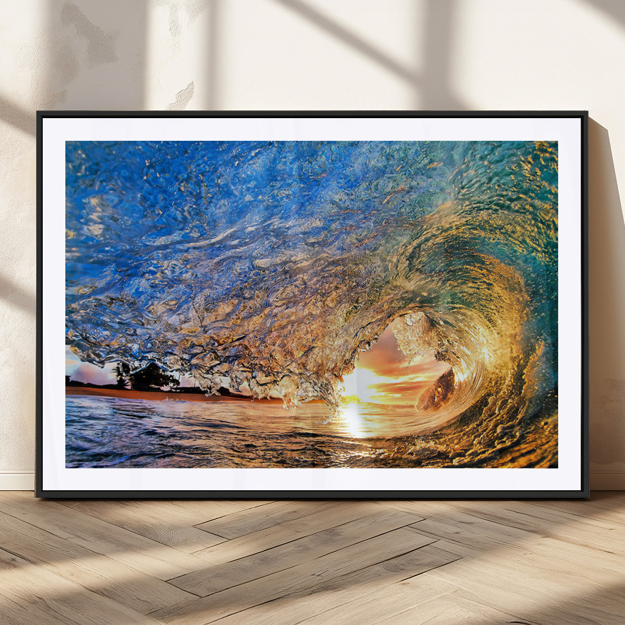 84627-MGC-FP-36x24_Black-Ocean Wave at Sunset Canvas Wall Art – Vibrant Coastal Beach Waves Print, Large Nautical Decor,