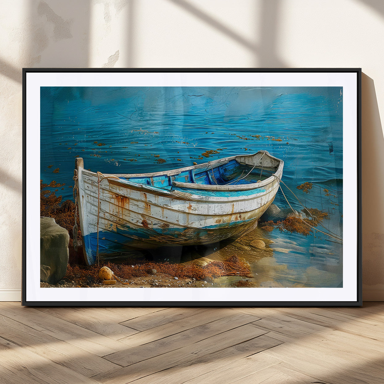 54716-MGV-CV-36X24-Vintage Boat on Tranquil Waters | Coastal Wall Art for Nautical Decor | Rustic Triptych Canvas Print