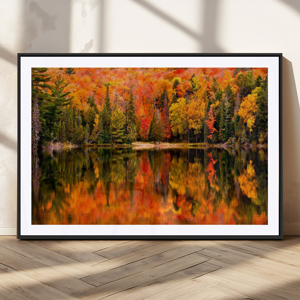 75397-MGC-FP-36x24_Black-Forest Reflection Art | Autumn Forest Reflection Wall Art | Triptych Canvas Print | Vibrant Fall