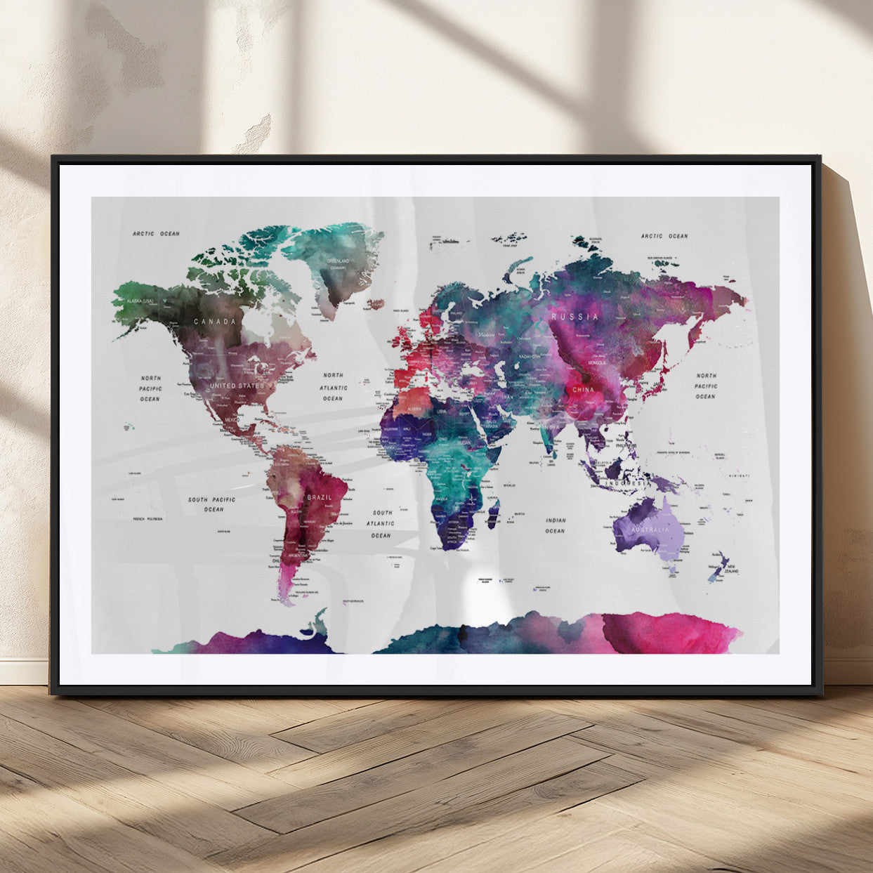 78176-MGC-FP-36x24_Black-Colorful Watercolor World Map Canvas Wall Art – Framed Modern Map Print, Vibrant Travel Inspired Artwork for Home and Office Decor
