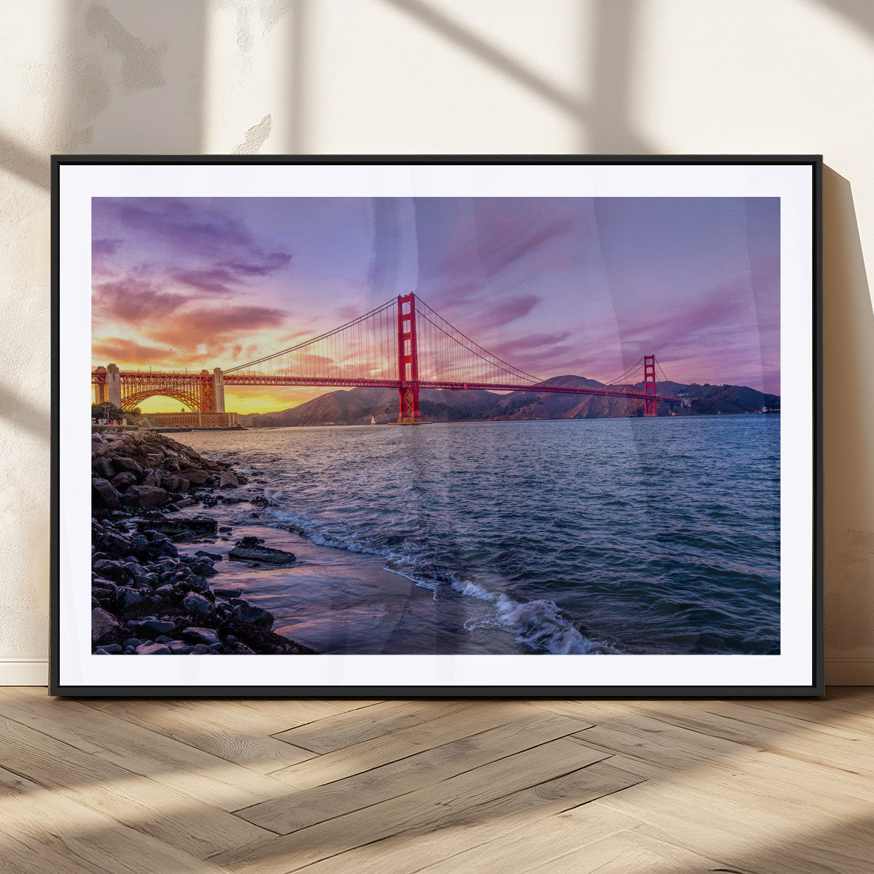 24256-MGC-FP-36x24_Black-Golden Gate Bridge Wall Art Canvas Print – Framed San Francisco Sunset Scene with Cityscape Artwork for Home, Office