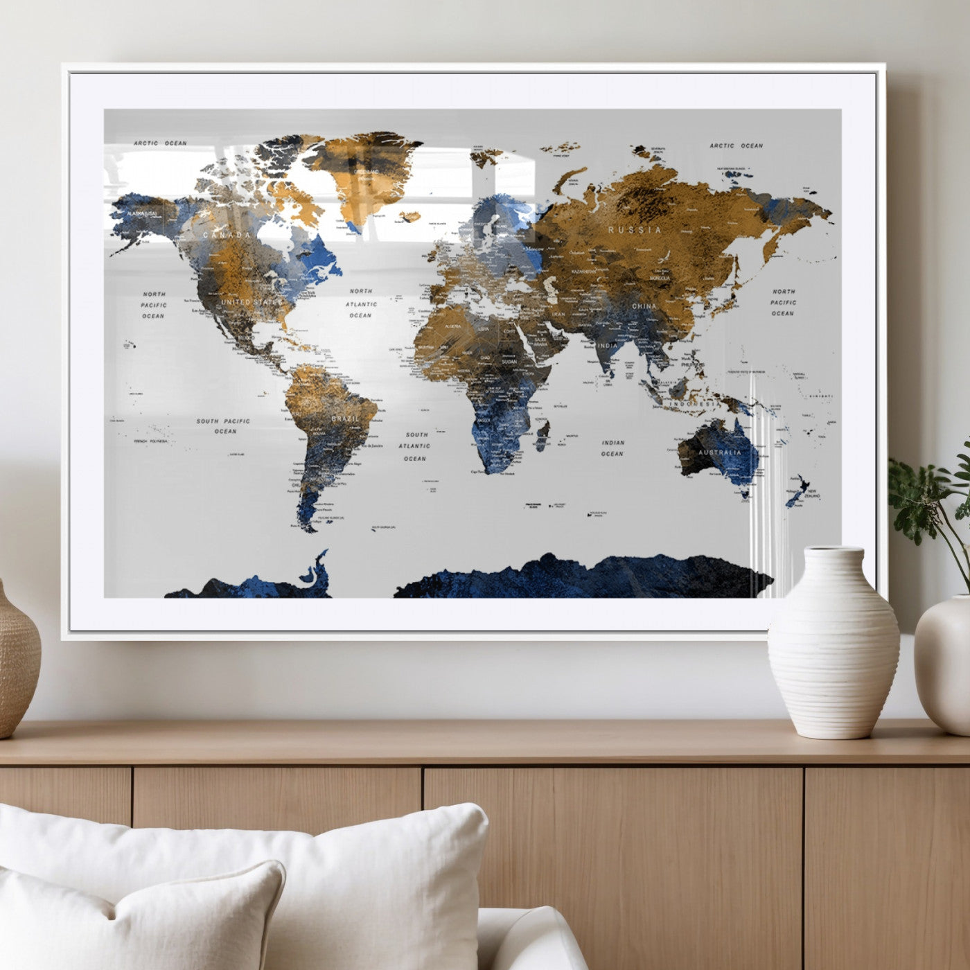 56231-MGV-CV-36X24-Navy and Gold World Map Canvas Wall Art – Framed Modern World Map Print, Elegant Travel Inspired Artwork for Home and Office Decor