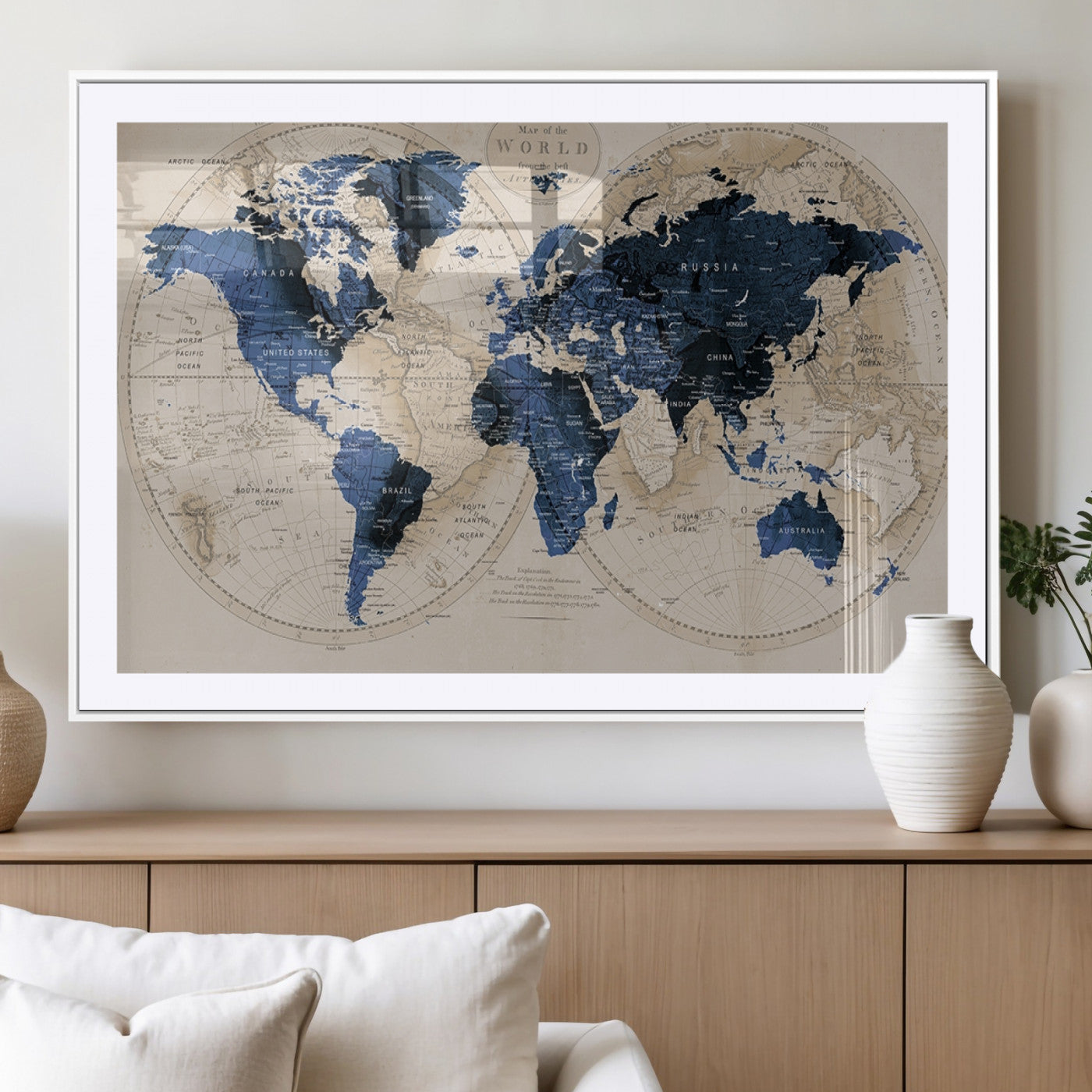 -Vintage Blue World Map Canvas Wall Art – Antique Style Framed Map Print, Elegant Travel Decor for Home Office or Study