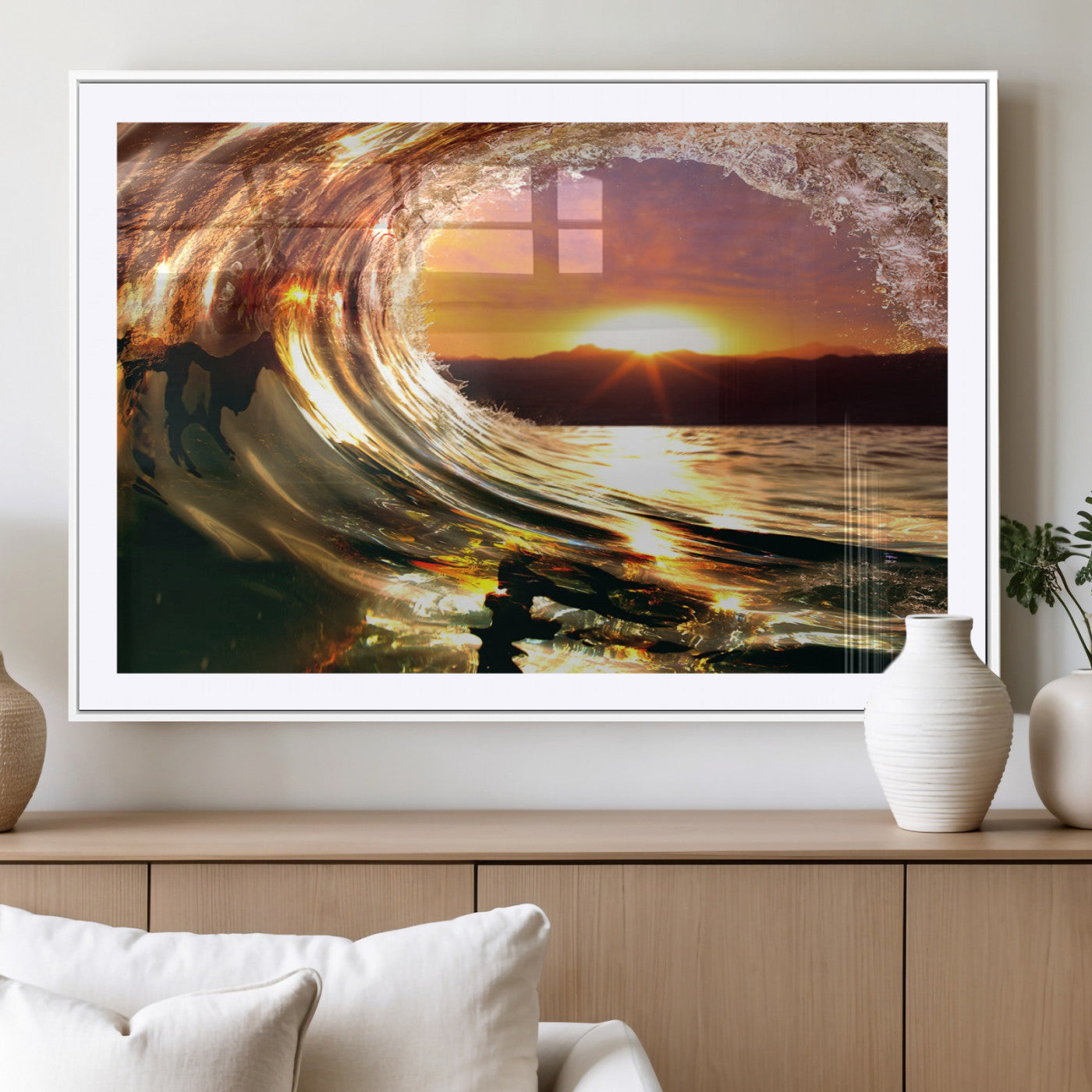 -Golden Wave Sunset Triptych Canvas Art, Giclee Canvas Print of Ocean Wave and Sunset, Framed Ocean