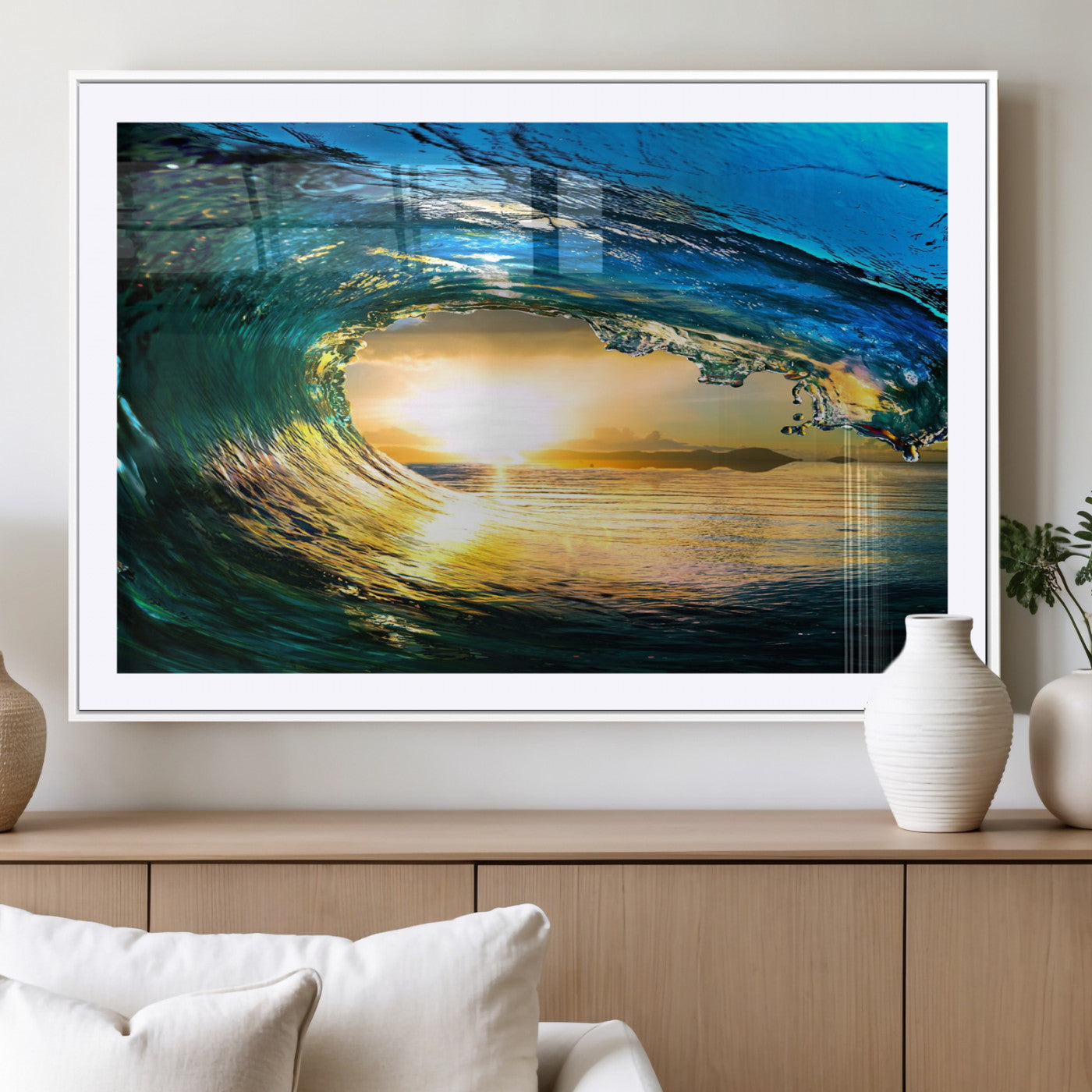 -Ocean Wave at Sunset Canvas Art, Large Wall Print of Vibrant Water Waves, Coastal Art for Living