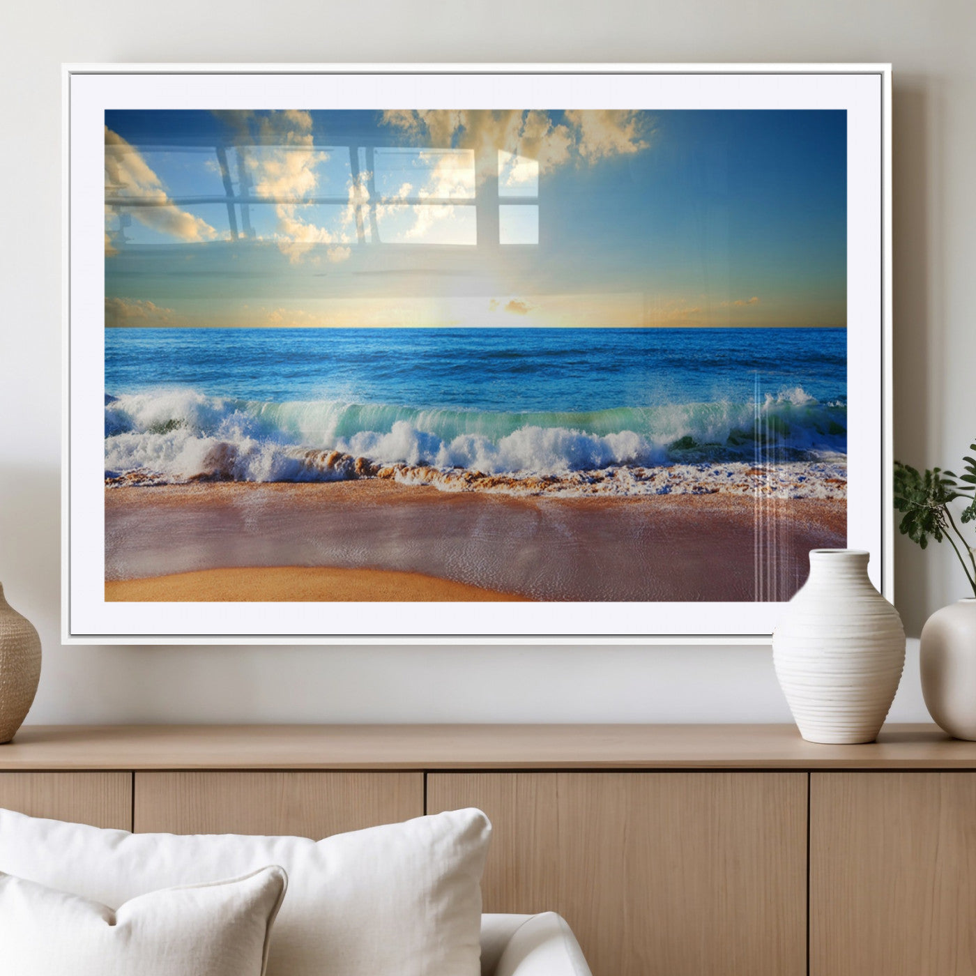 -Tropical Beach Sunset Canvas Art, Ocean Waves and Sandy Shoreline Wall Art, Large Beach Decor for