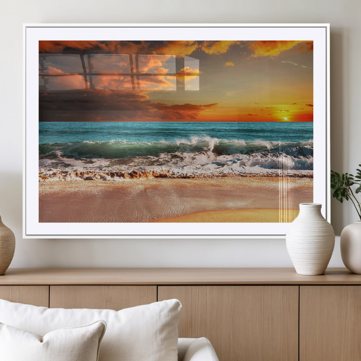 -Golden Sunset Beach Canvas Wall Art – Triptych Seascape Print – Framed and Ready to Hang for Living