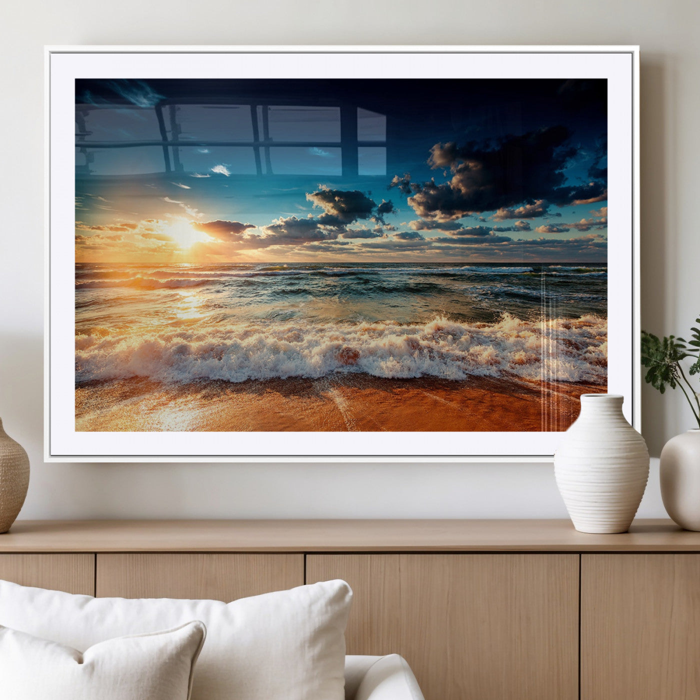 -Golden Hour Sunset Over Ocean Waves Wall Art Canvas Print | 3 Panel Coastal Landscape Canvas Wall