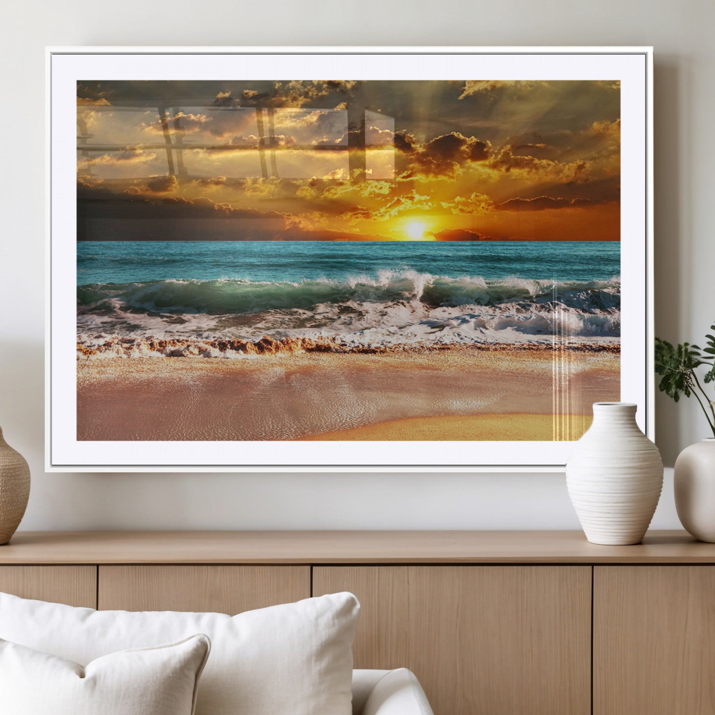 16495-MGV-CV-36X24-Golden Sunset Beach Canvas Wall Art – Triptych Seascape Print – Framed and Ready to Hang for Living