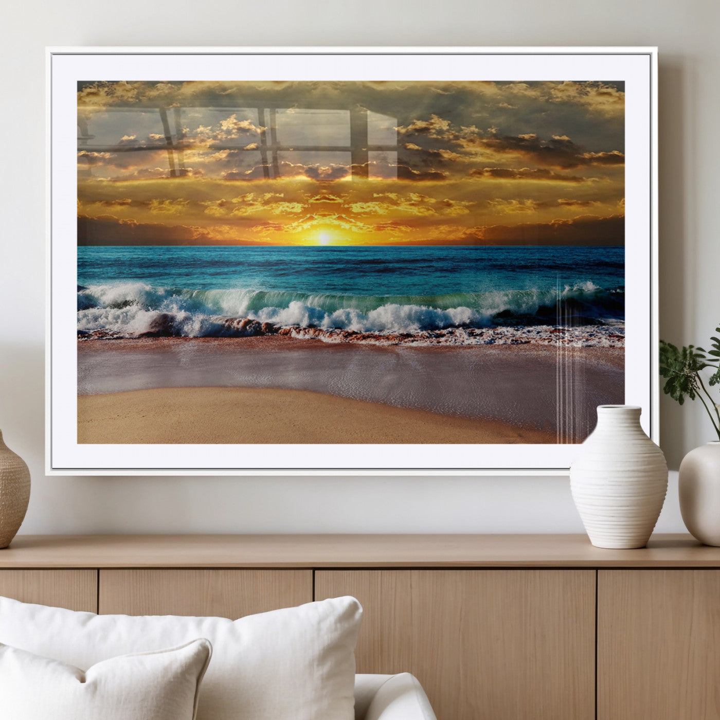-Ocean Sunrise Over Golden Beach Waves, Giclee Canvas Wall Art Set, High-Quality Stretched Canvas