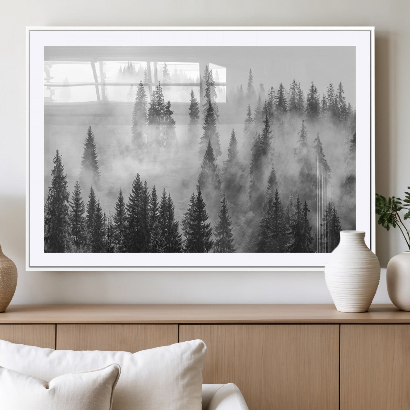 10422-MGV-CV-36X24 - Forest Wall Art Print | Foggy Pine Forest Canvas Wall Art - Black and White Nature Decor for Living