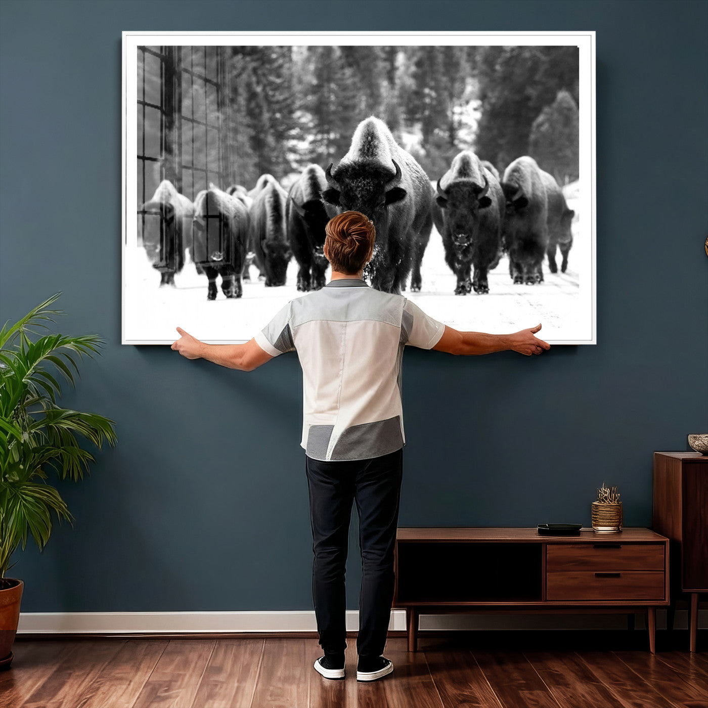 62434-MGV-CV-36X24 - Bison Herd in Snow Wall Art Canvas Print | Rustic Western Bison Wall Art for Decor for Living Room