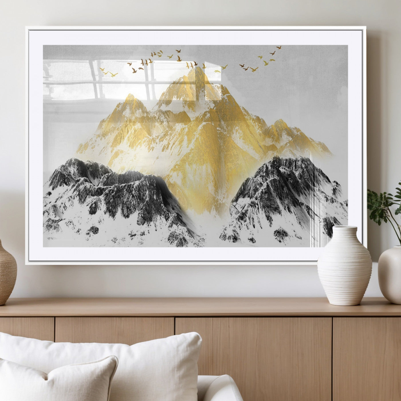 37733-MGC-FP-36x24_White-Golden Mountain Triptych Wall Art Canvas Print, Modern Giclee Canvas Print, Nature Landscape Decor