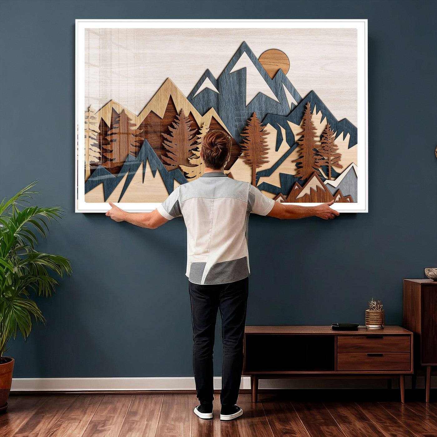 67950-MGV-CV-36X24 - Rustic Abstract Wood Panel Effect Canvas Mountain Range Top Wood Wall Art Canvas Print