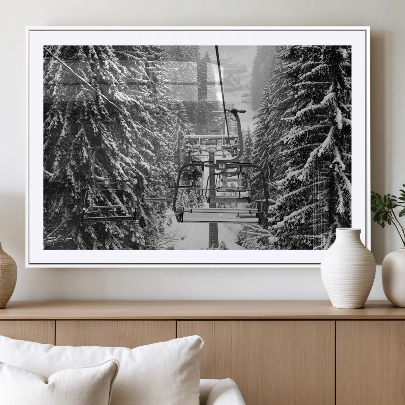 19240-MGV-CV-36X24-Winter Ski Lift Black and White Canvas Wall Art – Alpine Escape in Minimalist Style – Winter Ski