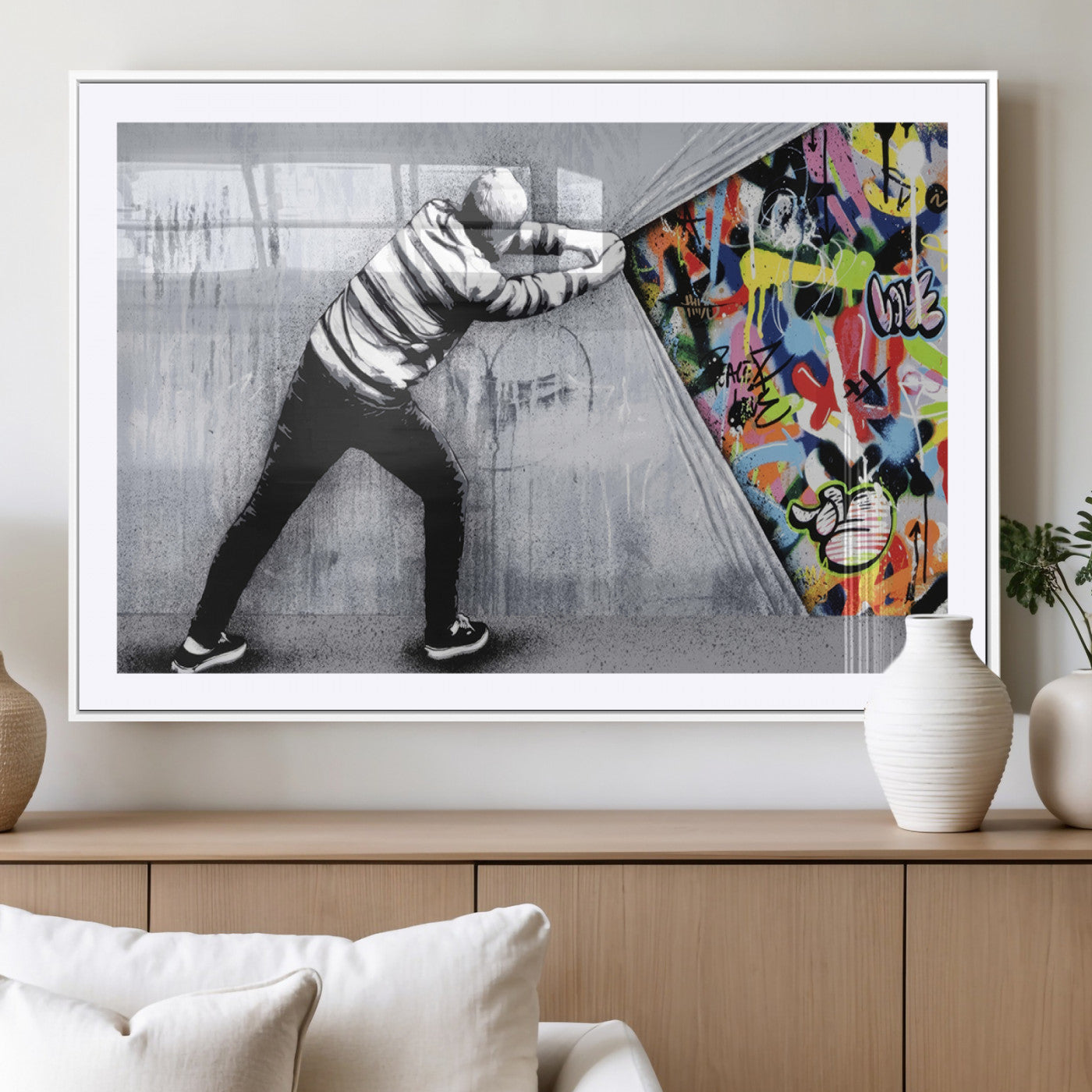 52252-MGV-CV-36X24-Banksy Art Behind the Curtain Street Wall Art Canvas Print | 3-Panel Urban Graffiti-Inspired Wall