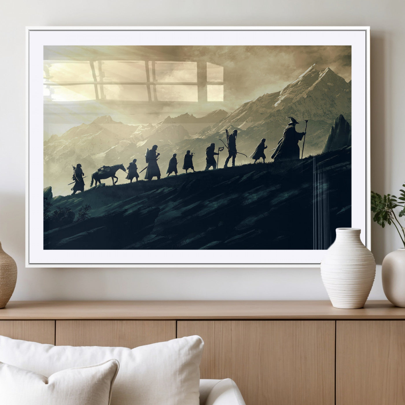 41574-MGV-CV-36X24-Fellowship Journey Wall Art – Fantasy Adventure Canvas Print with Silhouetted Travelers and Mountains, Cinematic Landscape Decor for Home or Office