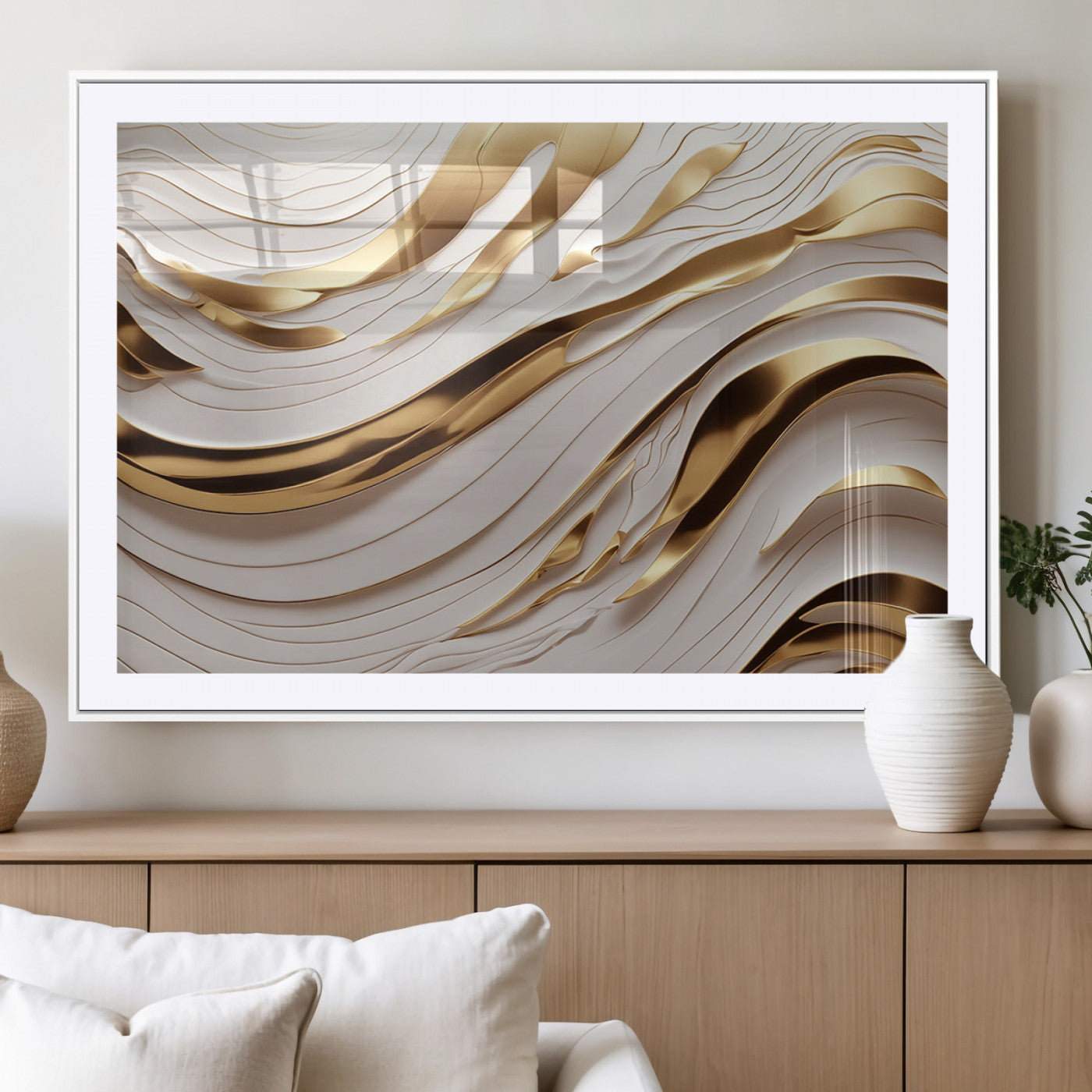 81197-MGV-CV-36X24-Gold and White Abstract Wave Canvas – Elegant Flowing Design with Luxurious Golden Accents –