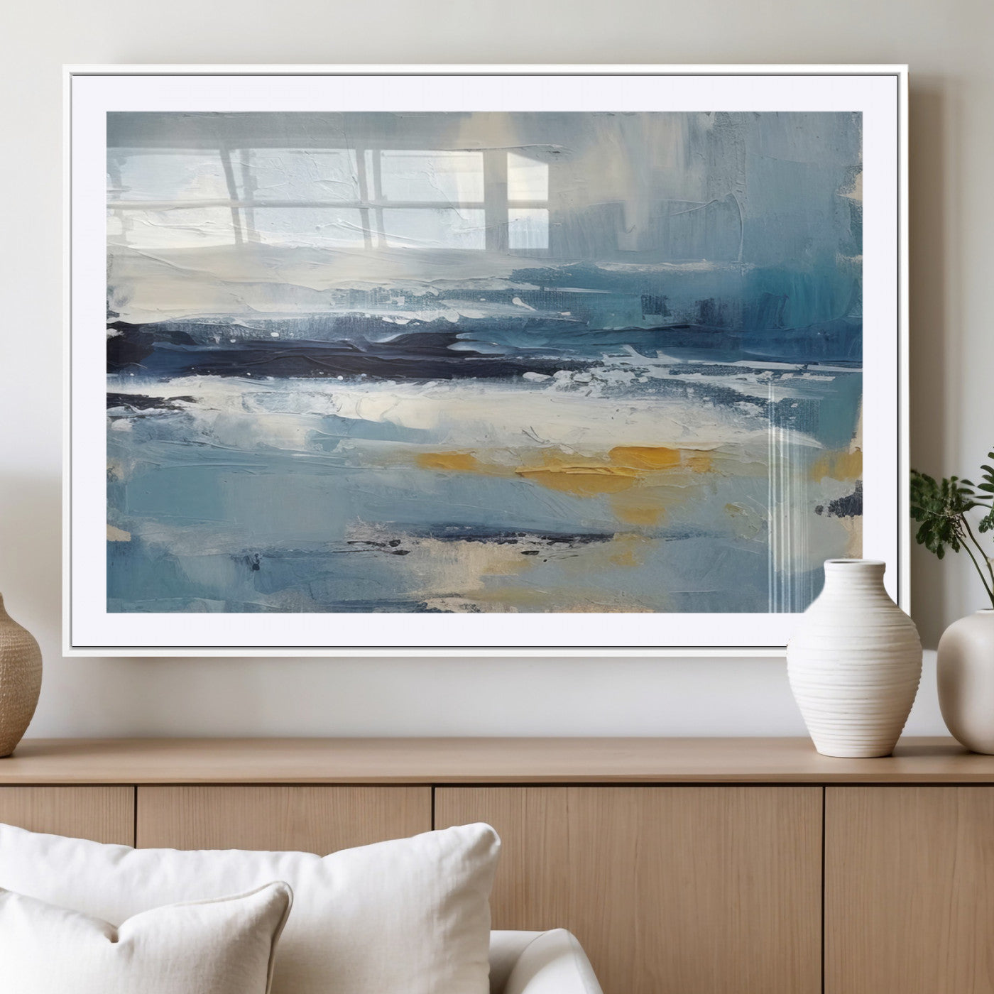 19746-MGV-CV-36X24-Abstract Ocean Canvas Wall Art - Coastal Blue and Gold Textured Painting, Modern Seascape Decor for