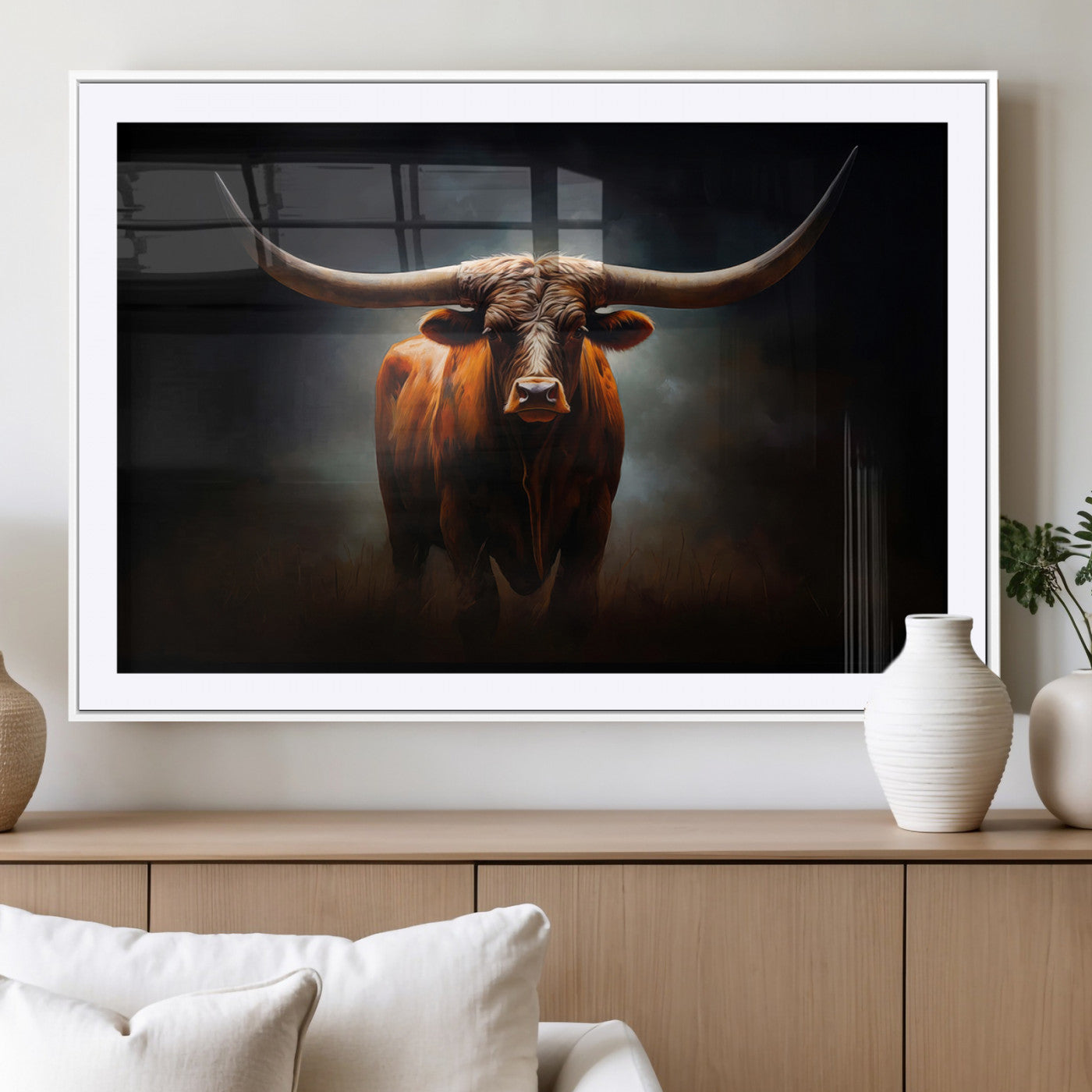 48896-MGV-CV-36X24 - Abstract Texas Longhorn Wall Art Print | 3-Panel Large Texas Longhorn Canvas Print for Living Room,