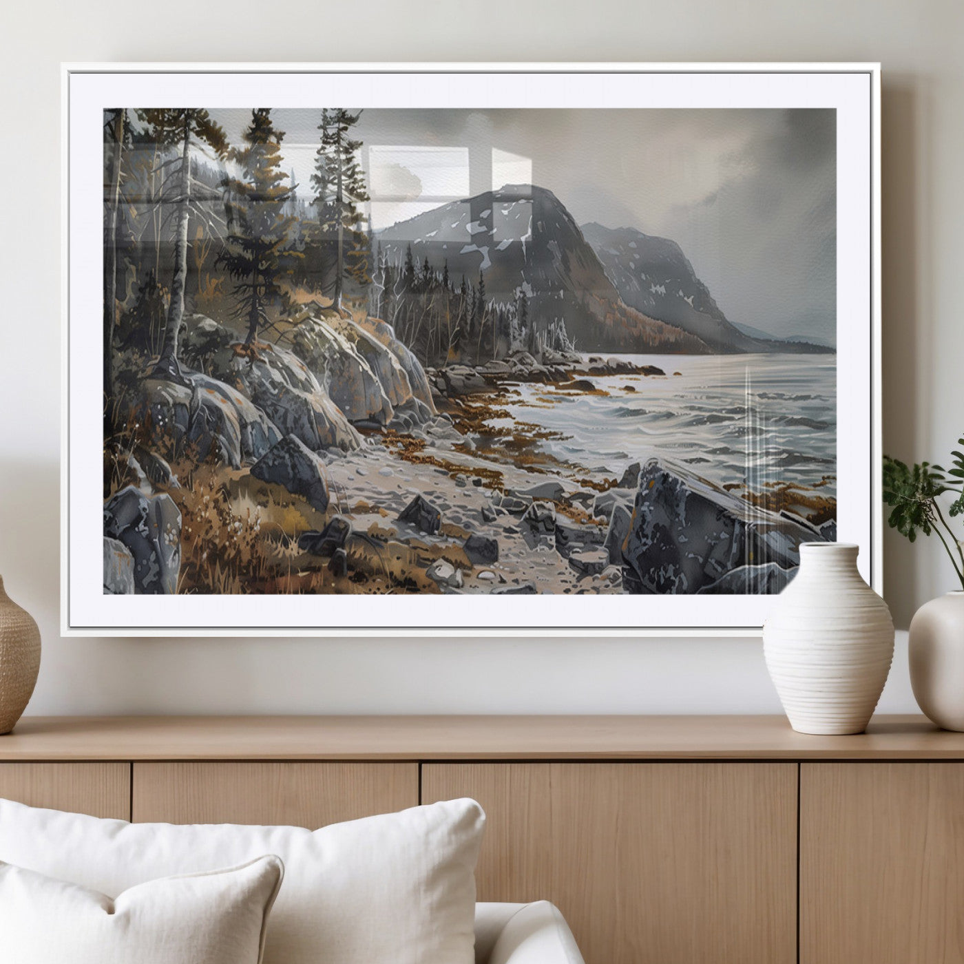 41281-MGC-FP-36x24_White-Serene Coastal View of Acadia National Park - Stunning 3-Panel Wall Art Canvas Print, Framed, Ready