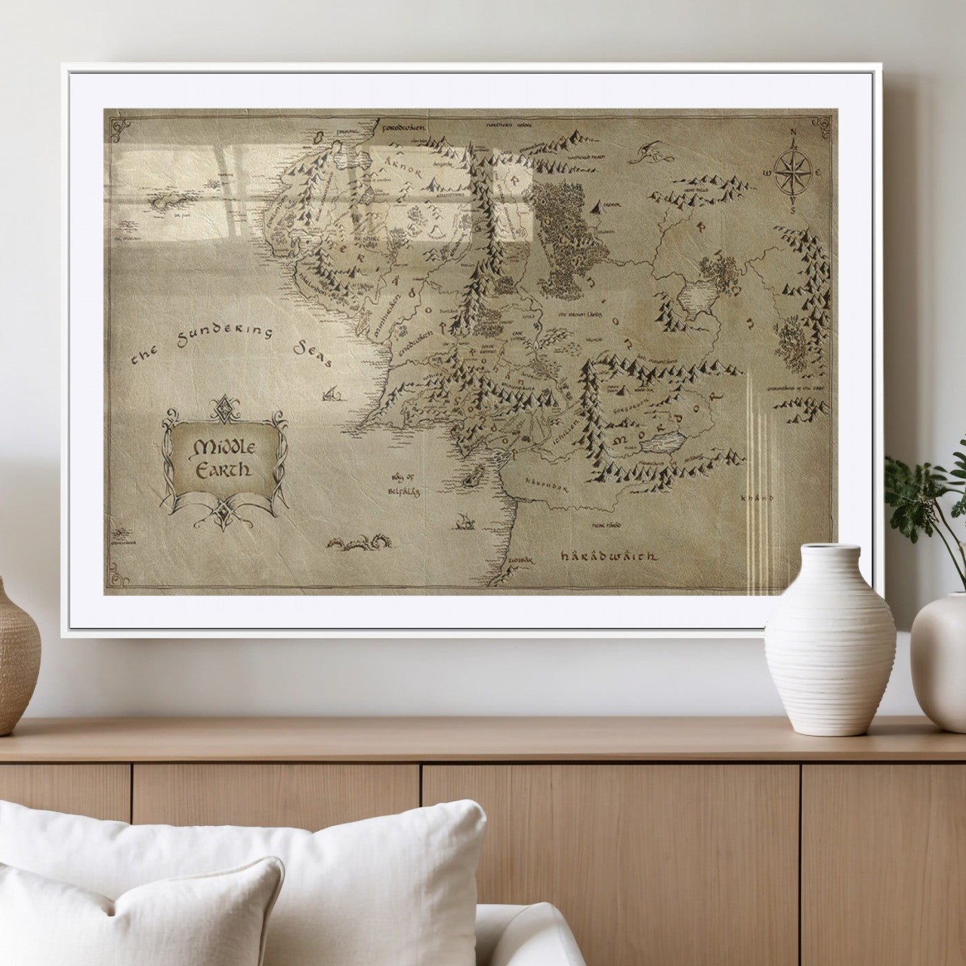21784-MGV-CV-36X24-Vintage Middle Earth Map Wall Art Canvas – Lord of the Rings Inspired Framed Map Print, Classic Fantasy Decor for Home, Office