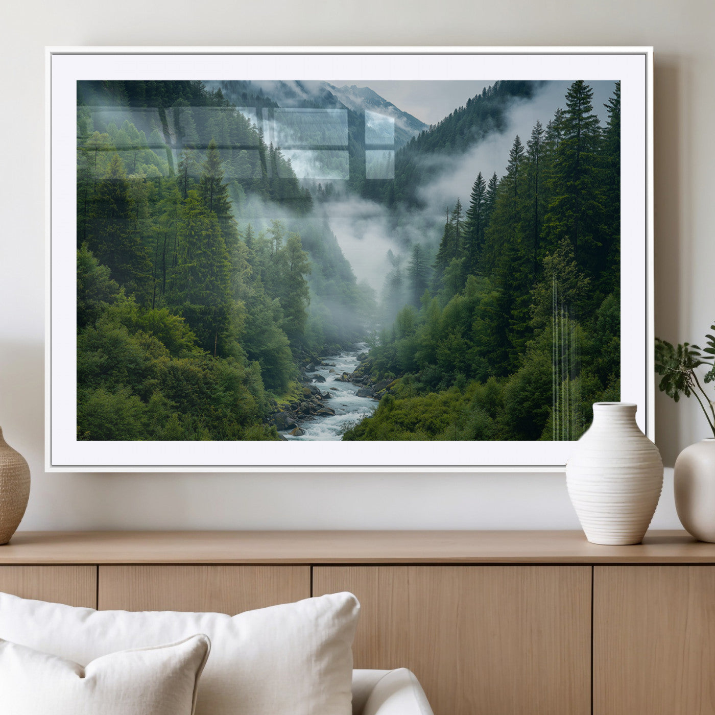 -Mountain Forest River Canvas Wall Art Print - Serene Nature Landscape for Living Room, Office, or