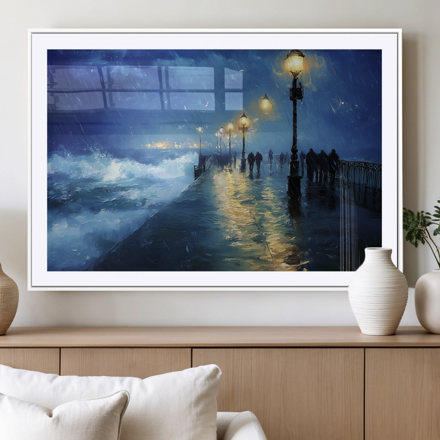 94571-MGV-CV-36X24-Storm Ocean Pier Canvas Wall Art Print - Large Moody Night Scene Print, Seaside Wall Decor
