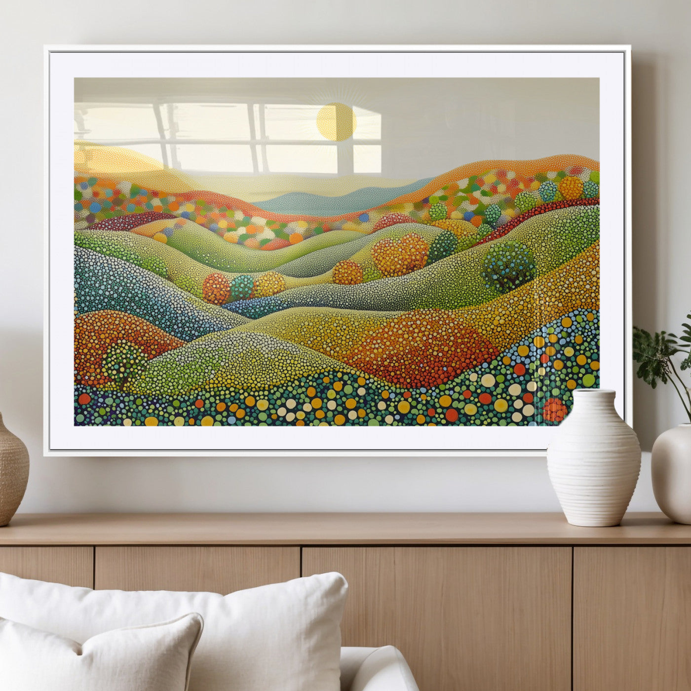 27683-MGV-CV-36X24-YAYOI KUSAMA Colorful Dot Art Landscape Canvas - Framed Abstract Pointillism Inspired by Nature with