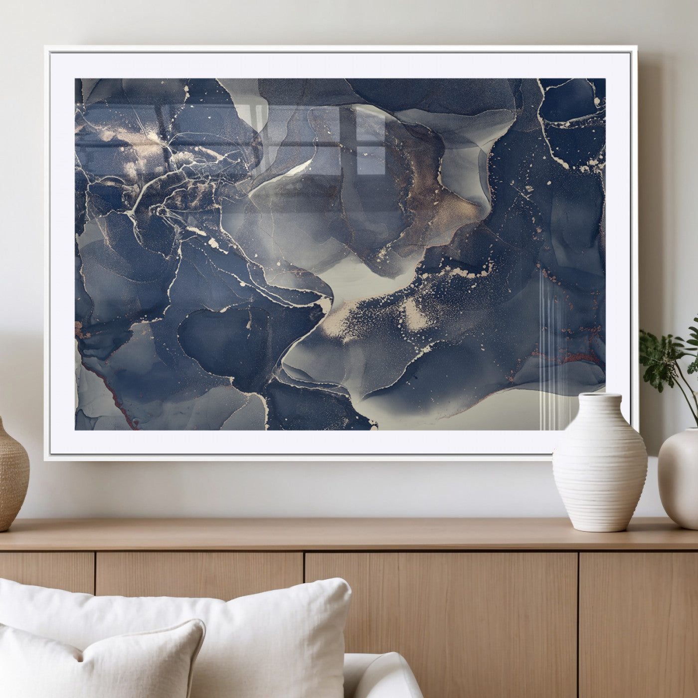 28282-MGV-CV-36X24-Large Abstract Blue and Gold Canvas Wall Art | Fluid Ink Artwork Print | Luxury Wall Decor for