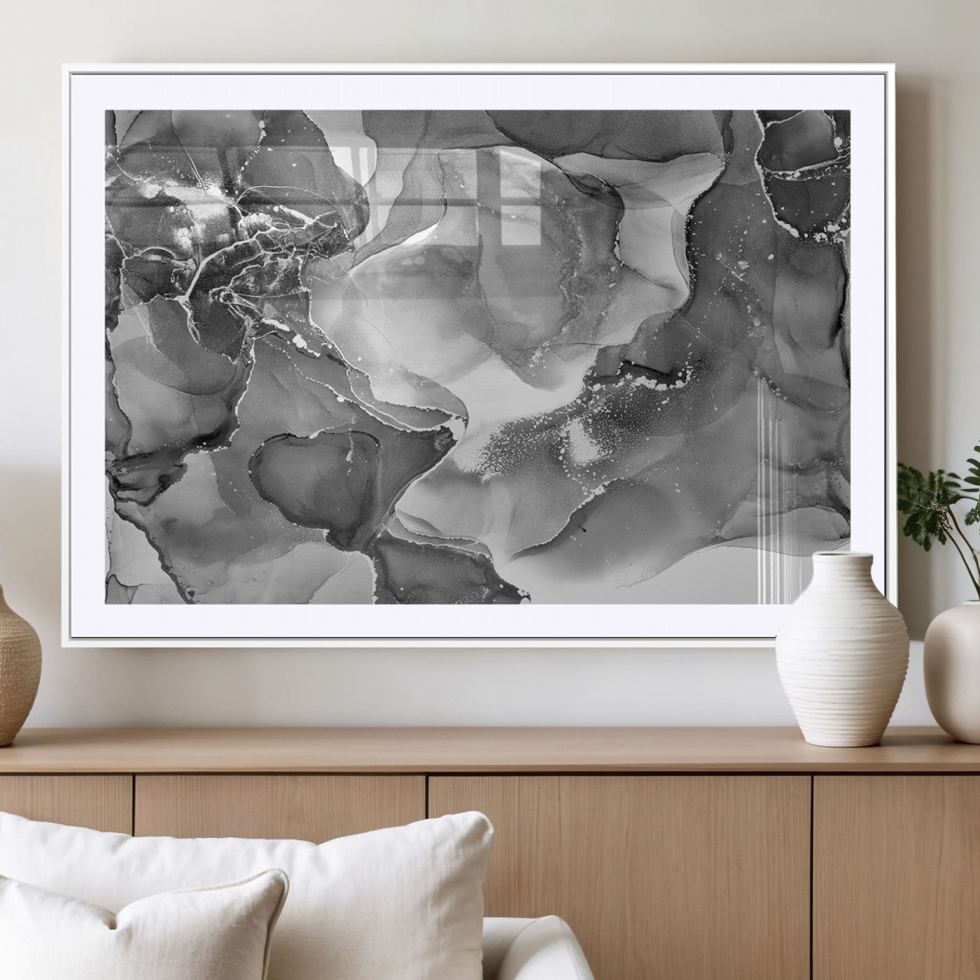 15911-MGC-FP-36x24_White-Black White Abstract Canvas Wall Art - Fluid Ink Artwork - Modern Luxury Wall Decor for Contemporary