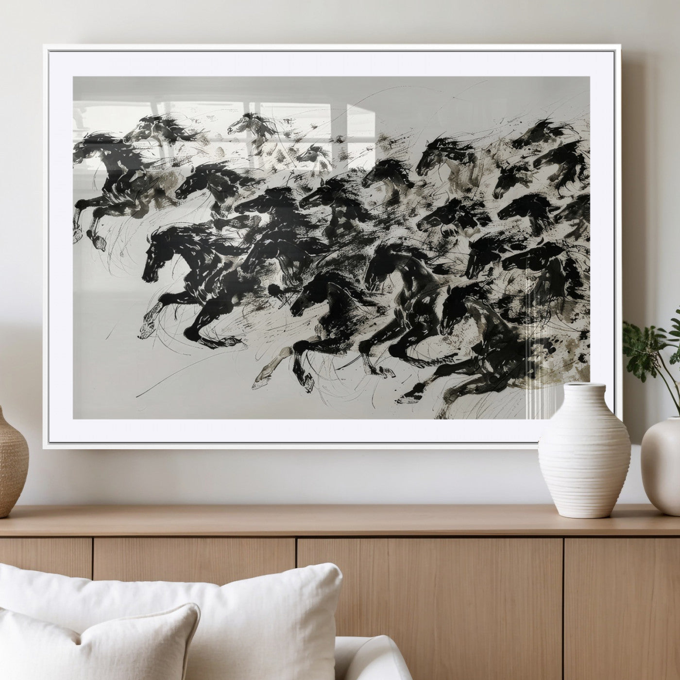 23069-MGV-CV-36X24-Abstract Horse Wall Art Canvas Print - Dynamic Black Ink Horse Print - Modern Equine Wall Decor for