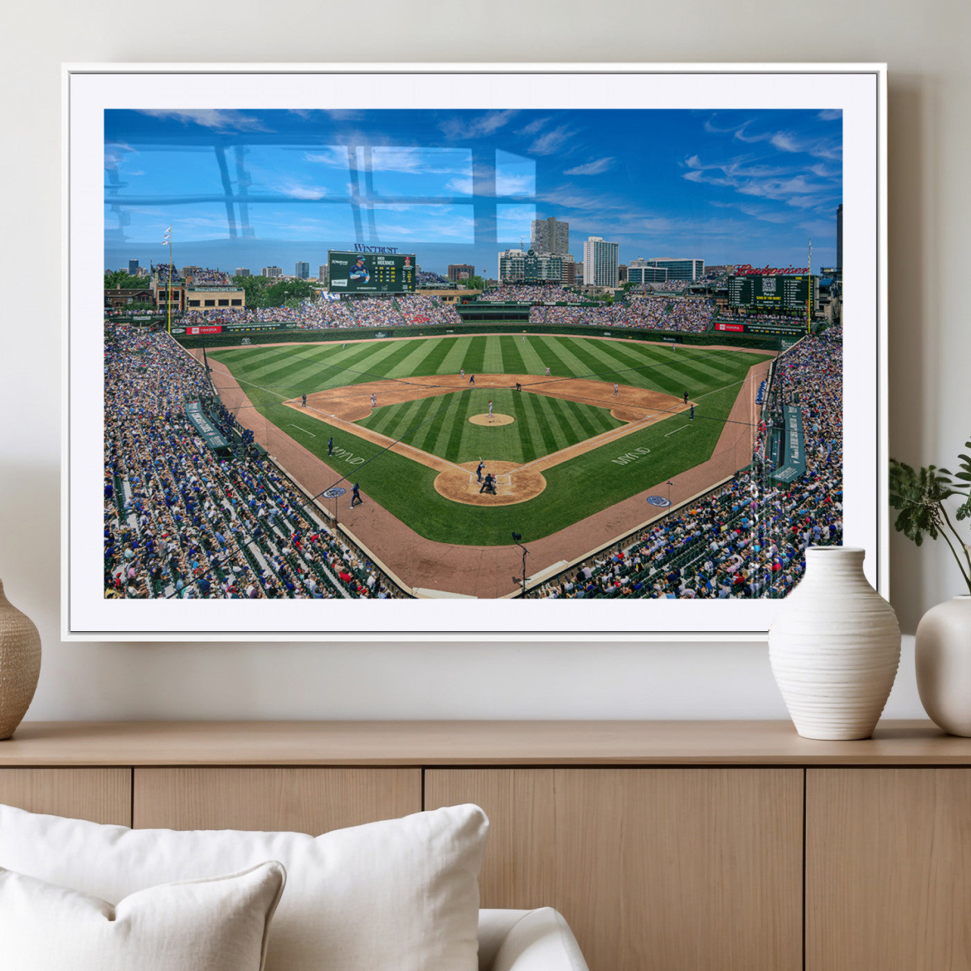 26064-MGC-FP-36x24_White-Wrigley Field Chicago Cubs Wall Art Canvas Print Framed Panoramic Multi-Piece Iconic Baseball Stadium Artwork for Home, Office