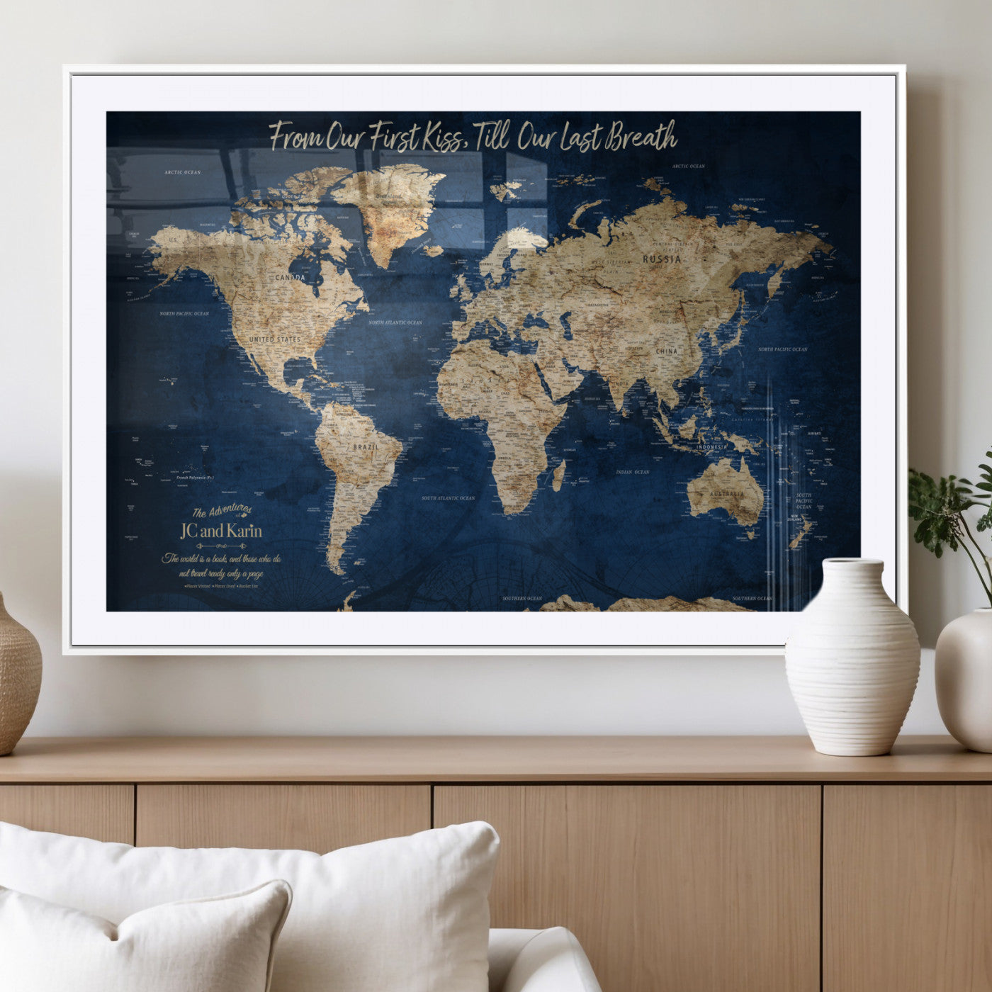 -Personalized Push Pin World Map Canvas Print – Custom Couple Travel Tracker Wall Art, Framed Anniversary Gift for Home Decor