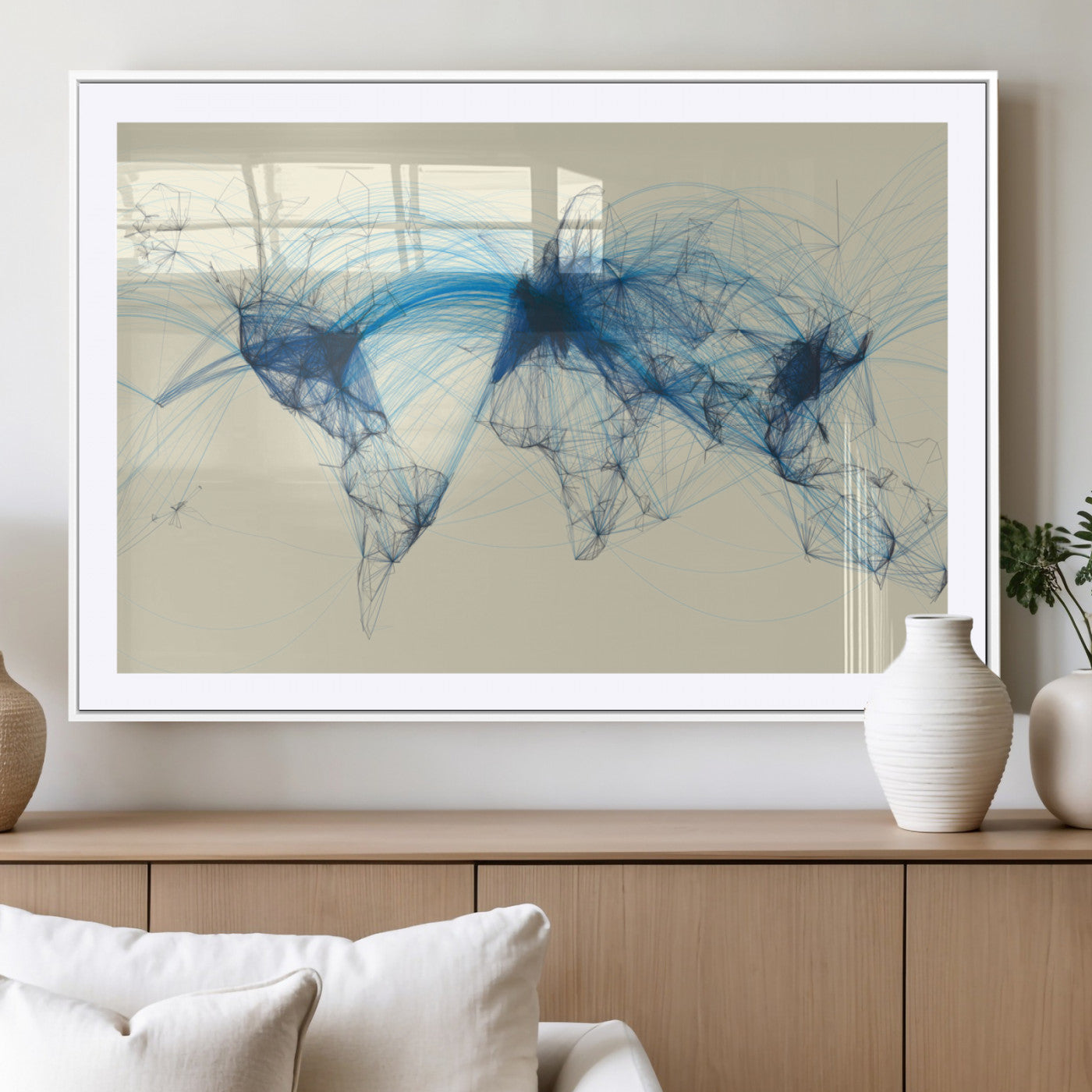 Map-Blue-Contract-MGV-CV-36X24-Flight Routes Map Art – Modern Air Traffic World Map Canvas Print with Blue Connections, Framed Wall Art for Office or Home Decor