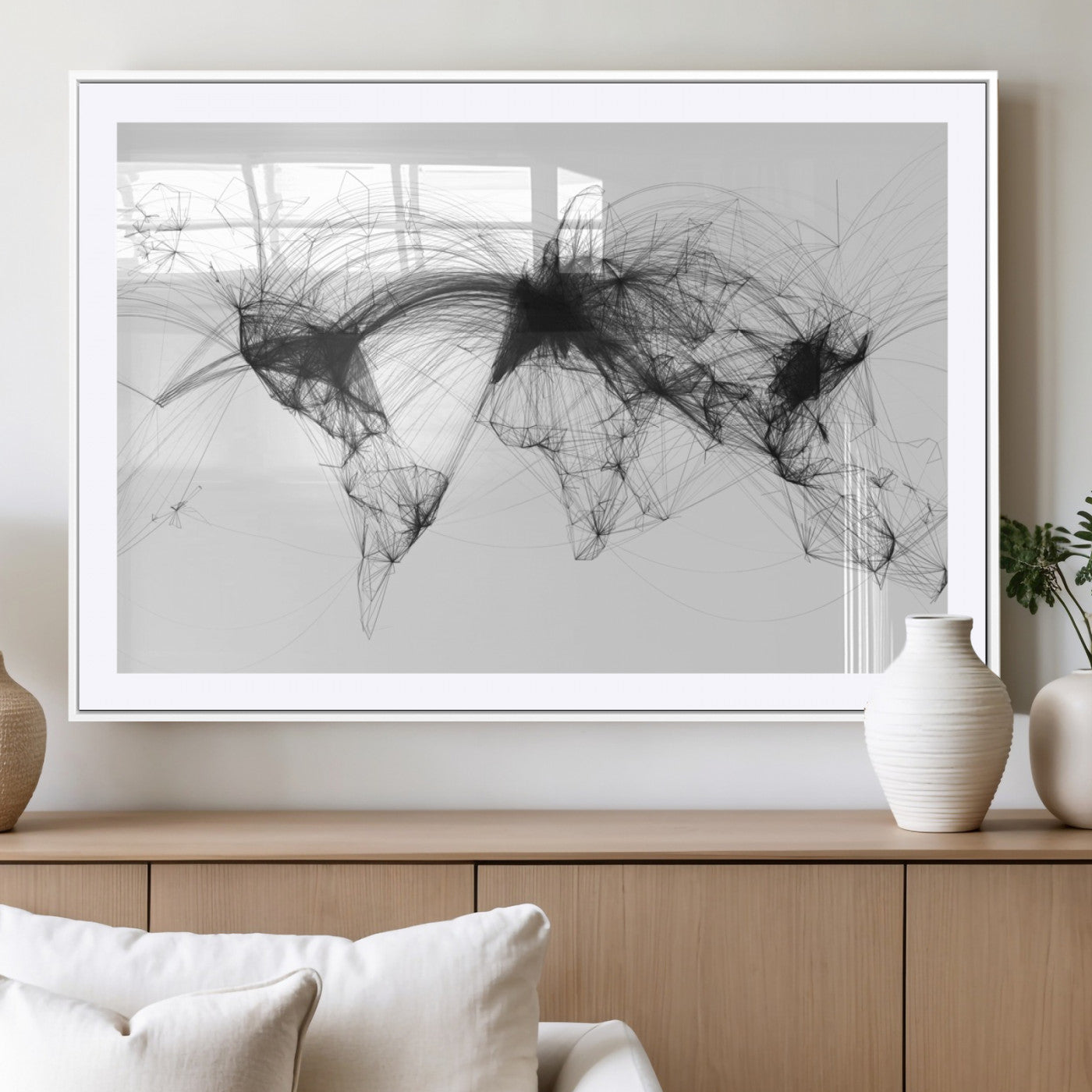 Black-Flight-Routes-MGV-CV-36X24-Flight Routes Air Traffic Map Canvas Wall Art - Framed - Ready to Hang