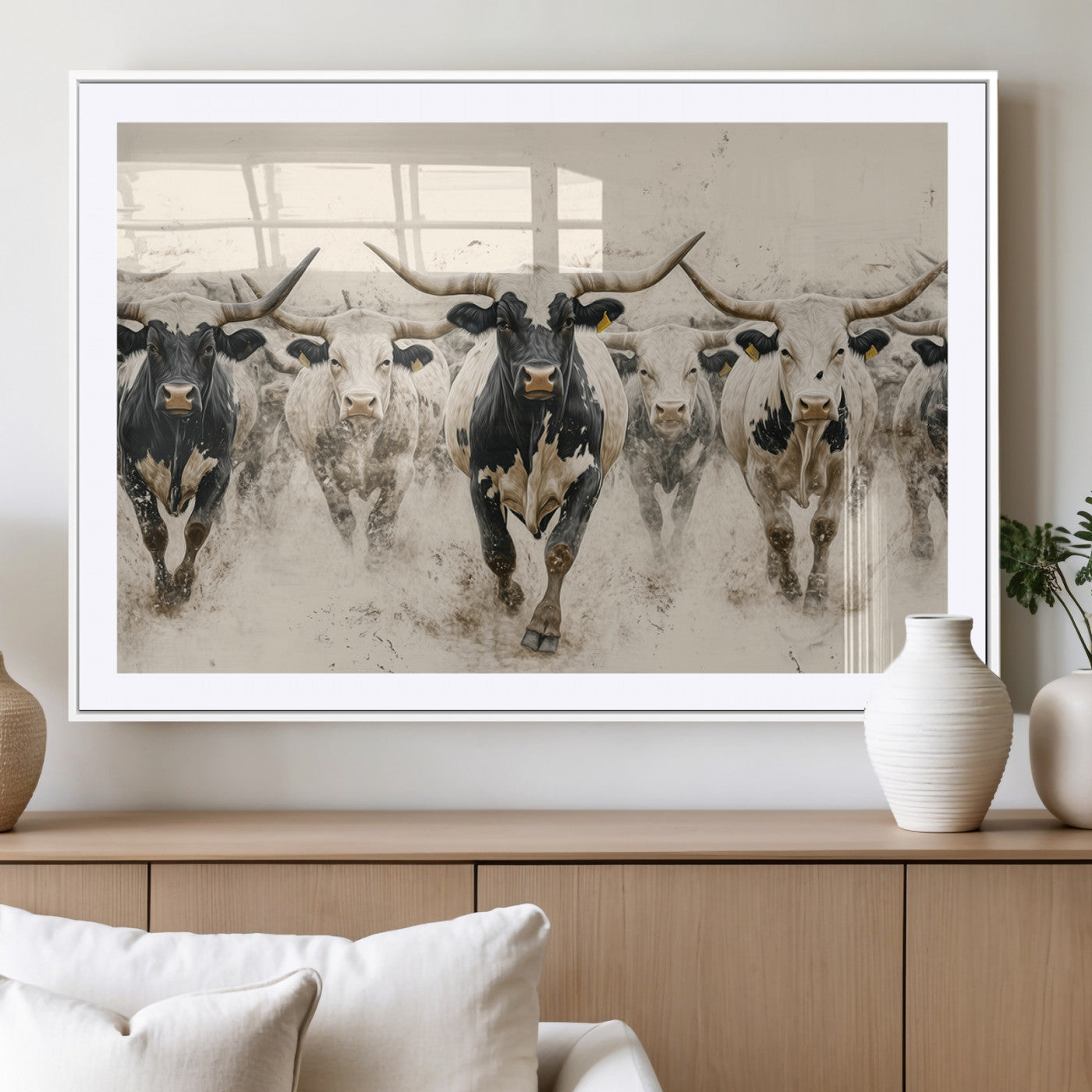 MGC-FP-36x24 - Cream Dust Longhorn Wall Art – Canvas Print of Western Herd Stampede, Dynamic Charge, Rustic Prairie Motion, Bold Nature Farm Decor