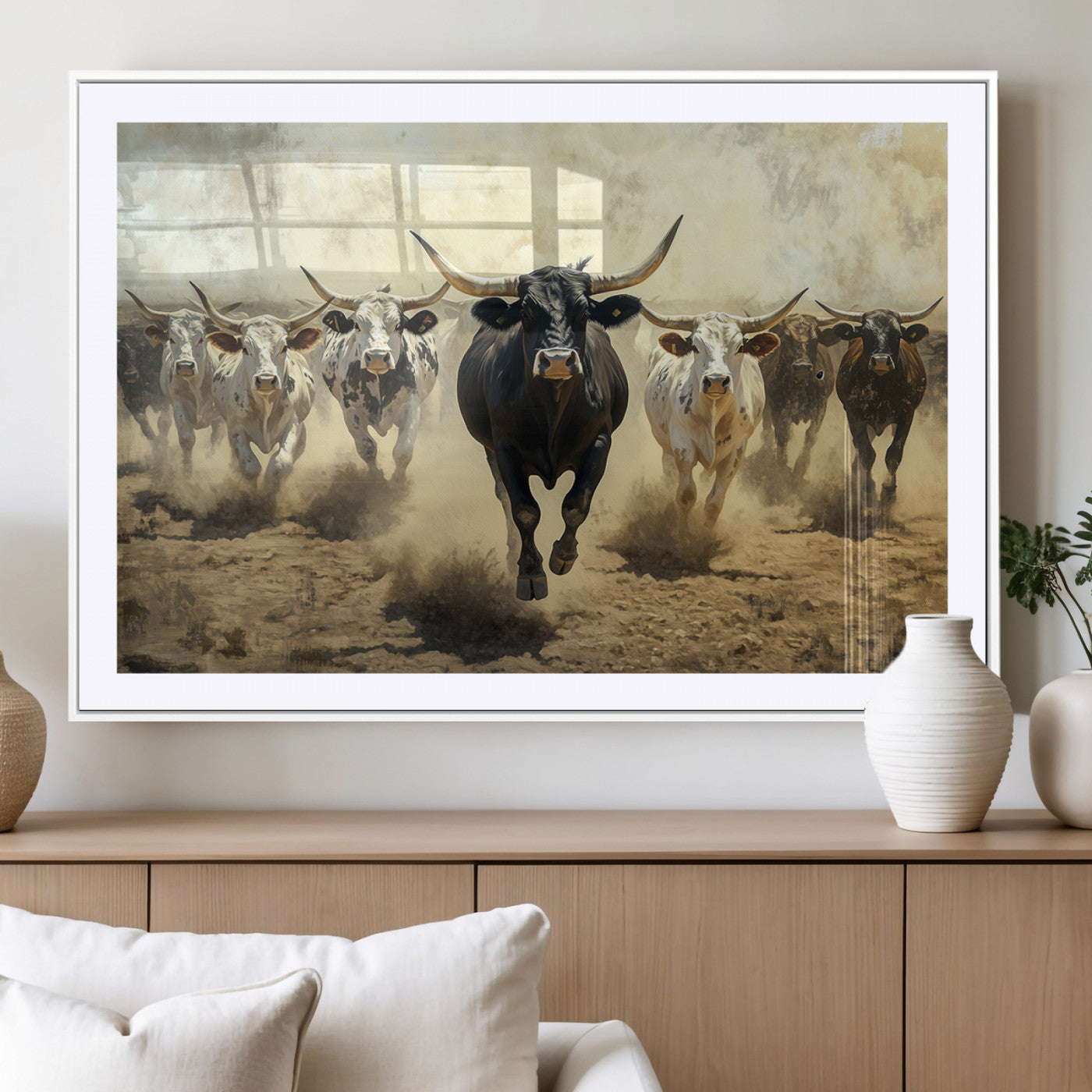MGC-FP-36x24 - Running Cattle Wall Art – Canvas Print of Western Herd, Dust Stampede, Longhorns, Wild West Ranch, Bold Rustic Farm Decor for Home or Office