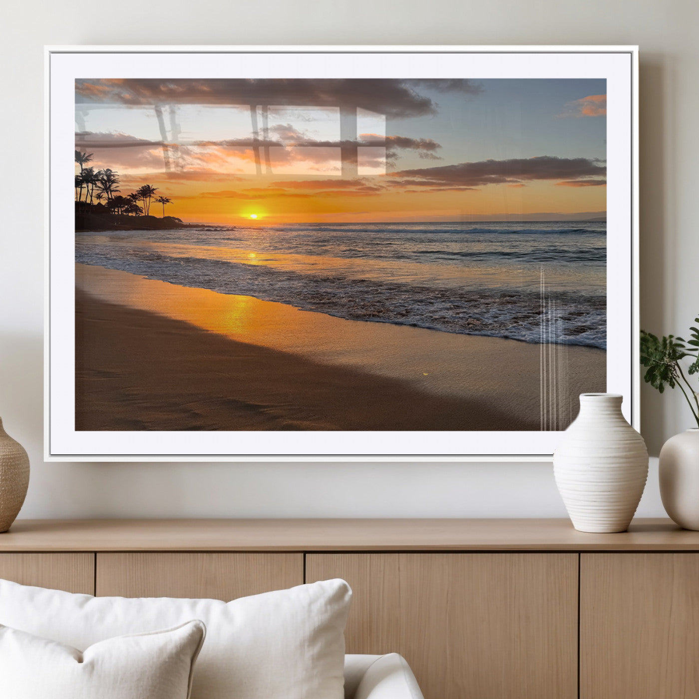 MGC-FP-36x24 - Sunset Glow Wall Art – Canvas Print of Ocean Breeze, Golden Sand, Tropical Palm Silhouettes, Tranquil Waves, Beach Nature Decor for Home