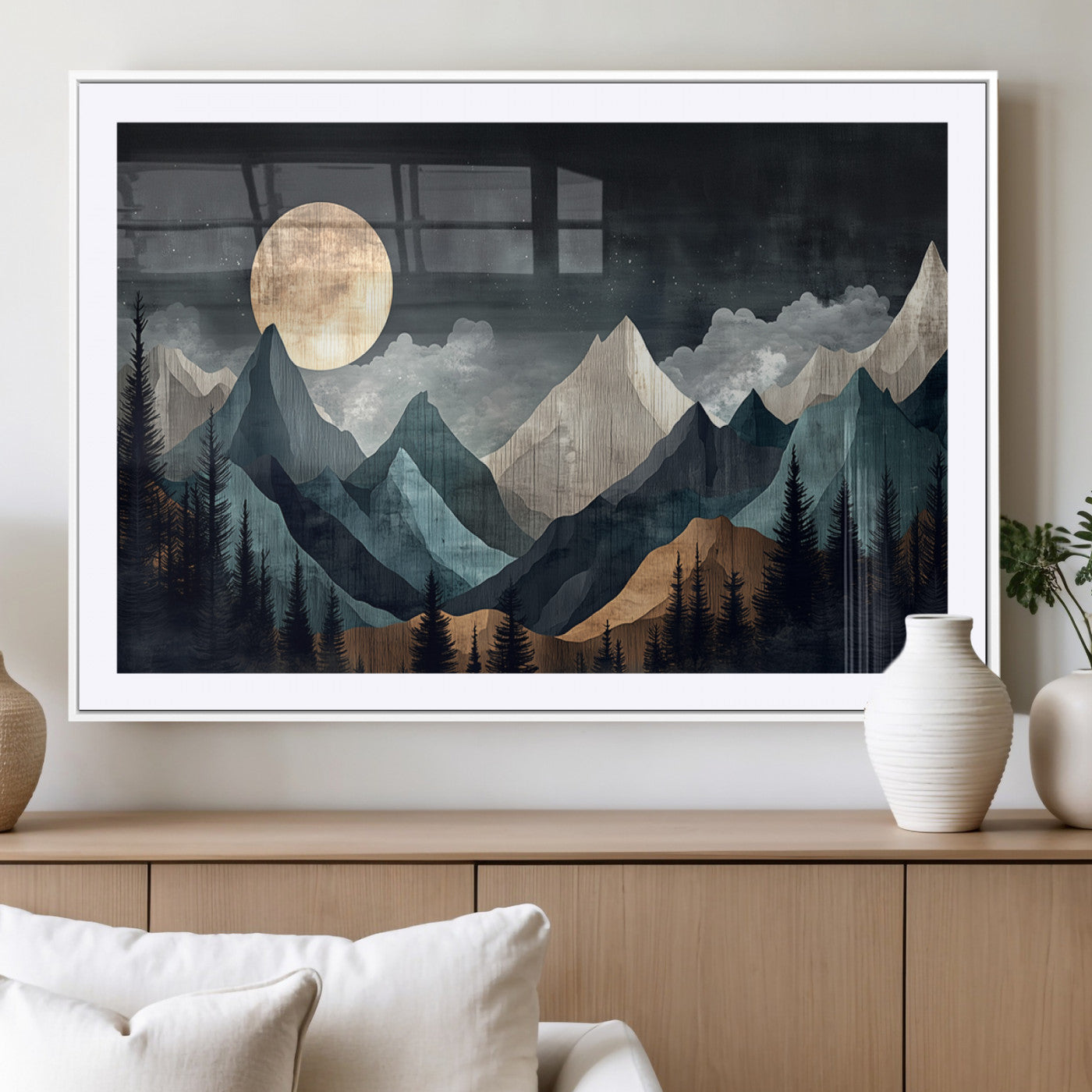 11060882-MGC-FP-36x24_White-Moonlit Mountain Wall Art Canvas Print – Silhouetted Pines Layered Peaks Tranquil Sky Mist Silver Light Nature Artwork for Home