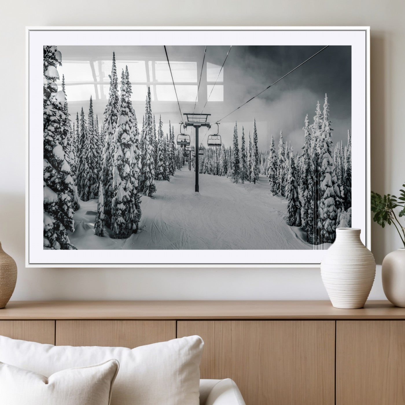 31156828-MGV-CV-36X24-Snowy Pines Wall Art Canvas Print – Framed Ski Lift Winter Forest Snowy Landscape Moody Lodge Artwork for Home, Office